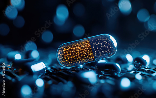 A close-up view of a capsule filled with vibrant particles against a blurred background, symbolizing health and wellness.