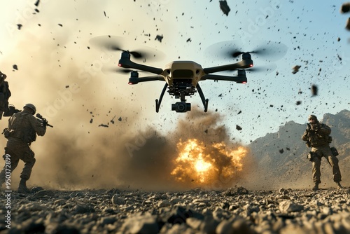 A military drone equipped with a camera hovers in the air as soldiers engage in combat, with an explosion occurring in the background, sending debris flying.