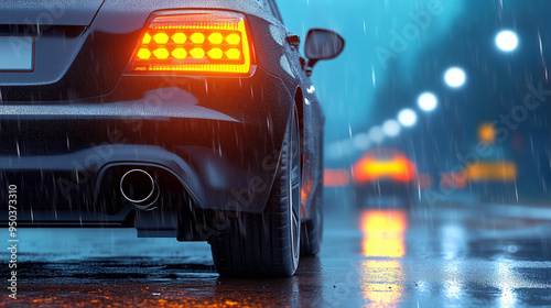 Rainy night drive with car taillights illuminating wet road