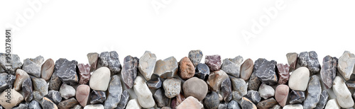 A detailed close up of a decorative gravel horizontal border, isolated on a clear white background. The gravel is multicolored, featuring shades of grey, white, and brown, with