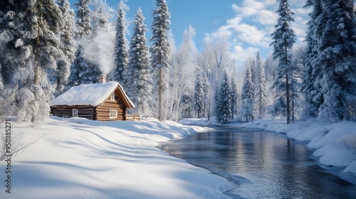 Snow-covered trees winter wonderland frozen river log cabin smoke chimney crisp textures