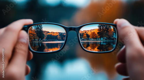 Hands holding glasses that bring a scenic autumn landscape into focus, showing a sharp contrast between clear and blurred vision.