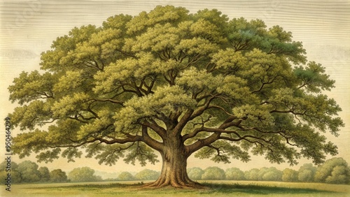 Vintage of an oak tree from the 1897 Meyers Konversations-Lexikon , nature, old, botanical, antique, aged, retro, classic