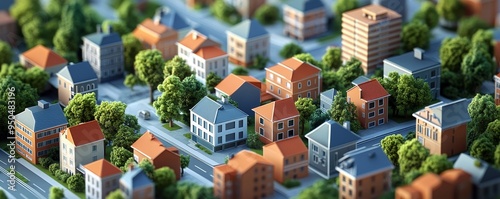 Aerial view of a suburban neighborhood with colorful houses and lush green trees.