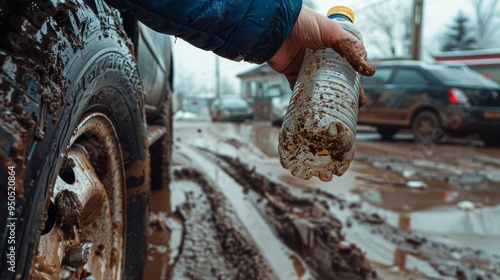 a hand holding an empty crisp plastic bottle, placing it on the upper part of a tire of a pick up truck dirth with mud in a city street, highly saturated, natural light 