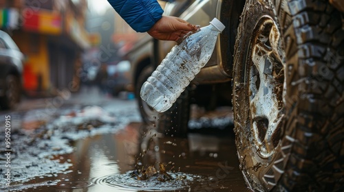 a hand holding an empty crisp plastic bottle, placing it on the upper part of a tire of a pick up truck dirth with mud in a city street, highly saturated, natural light 