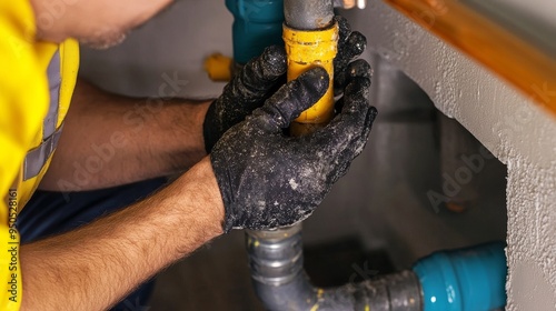 Shot of man sealing leaking pipes to prevent mold --no text brand numbering copyright 