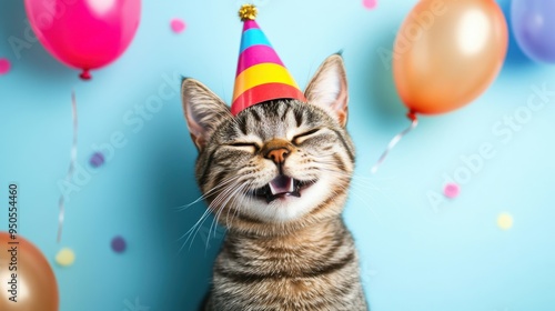 Happy cat wearing a colorful party hat surrounded by balloons and confetti at a joyful celebration indoors