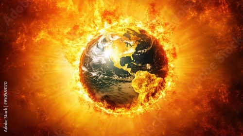 A fiery depiction of Earth engulfed in flames, showcasing the planet surrounded by intense fiery energy against a dark backdrop