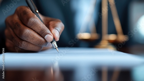 A close-up of a hand signing a document with a pen, the background features justice scales, symbolizing legal actions and authority in a professional office setting.