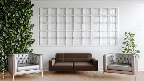 Contemporary minimalist living area with silver armchairs, alder floor, and ivy.