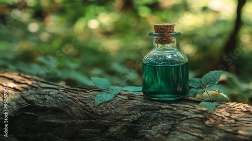 In the woods, a glass vial with green elixir sits on a fallen log. Herbal remedy concept.