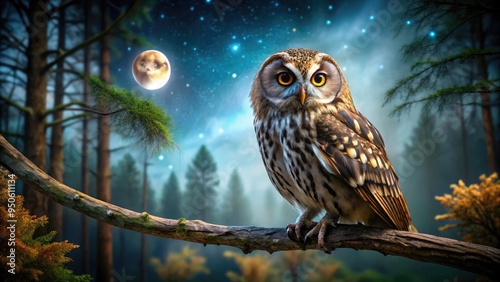 A nocturnal bird with mottled brown plumage and large eyes perches on a branch, its long tail feathers flowing behind, amidst a moonlit forest landscape.