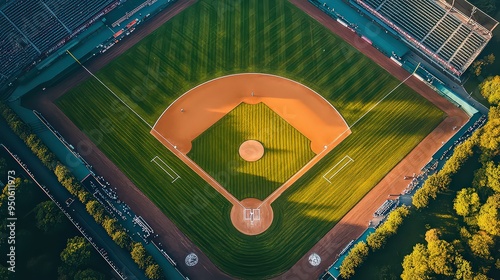  Aerial view of a baseball field with perfect diamond-shaped infield and surrounding stands, highlighting the precision and beauty of the sport.