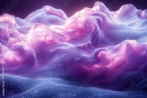 Soft waves of lavender and teal flow together, reminiscent of an oceanic dreamscape. Concept of fluidity and calm. Generative Ai.