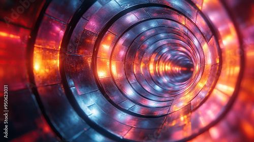 Abstract glowing tunnel with red and blue lights.