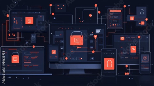 A digital interface showing a multifactor authentication process on various devices, with defense systems, reset functions, and authorization management tools clearly visualized