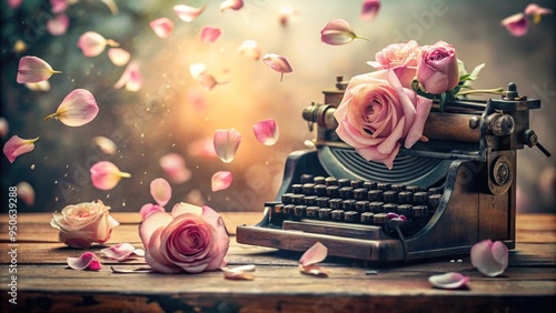 Delicate pink rose petals gently cascading around a distressed, antique typewriter, evoking nostalgia and romanticism in a dreamy, soft-focus still life composition.