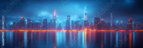 Vivid Megacity Night Skyline with Blue and Red Lights Reflecting on Waterfront in a Cool and Futuristic Urban Setting