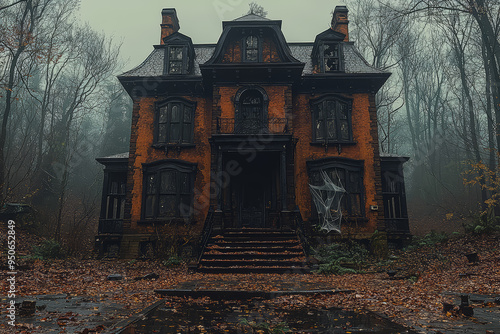 A haunted house with broken windows and cobwebs, surrounded by leafless trees. Concept of eerie locations and Halloween scares.