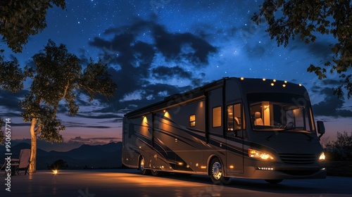 Class A RV Camping at Resort in Evening Sky with Interior Lights On