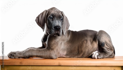 great dane puppy laying on bench looking left