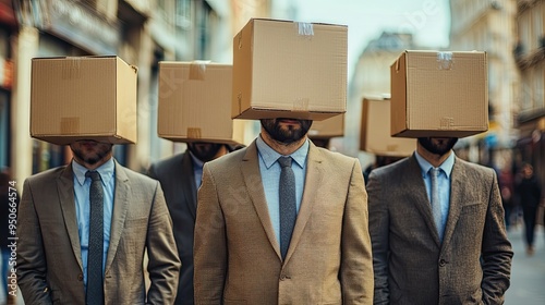 Row of Men with Cardboard Boxes Covering Their Heads