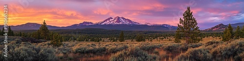 Mountain Sunset Panoramic View: Colorful Summer Landscape with Mt Bachelor and Sisters. Central Oregon Banner