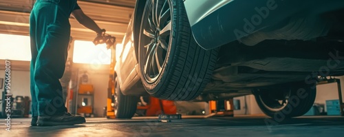 Mechanic lowering a car in an auto repair shop highlighting the detail of the tire and the workshop environment during a vivid sunset