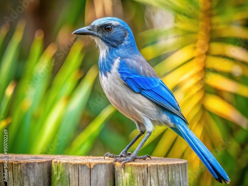 Vibrant Florida scrub jay perches on a weathered wooden fence, its bright blue and white feathers contrasting with the muted tones of the subtropical landscape.