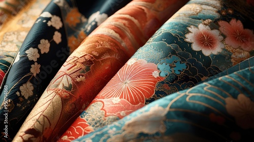 A detailed shot of Japanese kimono fabrics, featuring delicate patterns and luxurious silk