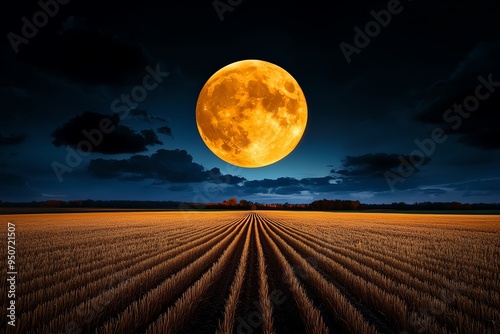 Autumn evening with a harvest moon, depicted in an artwork where a large, glowing harvest moon rises over a field of crops, casting a soft light on the landscape and highlighting the silhouettes