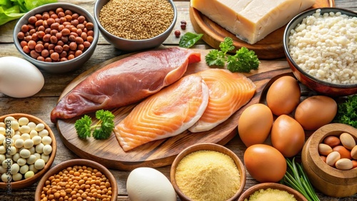 Close up of various high protein foods including chicken, eggs, fish, beans, and tofu , Healthy, nutrition, diet, protein, source