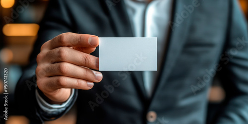 Professional businessman in a suit presenting a blank business card, perfect for personalized branding in a corporate setting