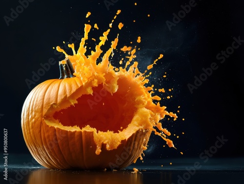 Vibrant Splashing Pumpkin Explosion Halloween Dark Background