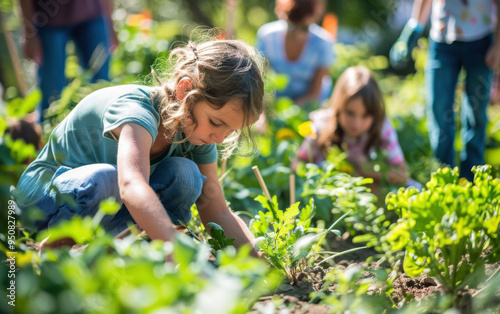 Community engagement in a vibrant garden as families cultivate crops and foster sustainability together