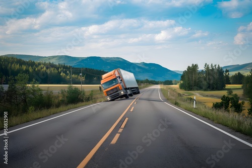 Orange truck veering off road into ditch, no obstructions nearby