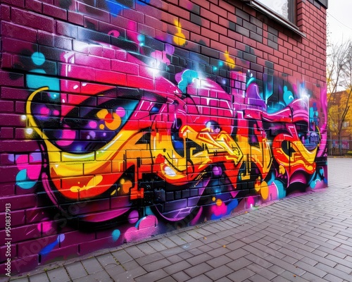 Graffiti art on an urban wall, vibrant and expressive, Urban, Bright colors, Photograph, Street culture