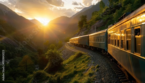 Train journey through scenic landscapes, serene and picturesque, Rural, Soft greens, Photograph, Travel adventure