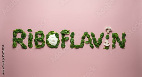 Spinach food art forming riboflavin text with creamy element and mushroom