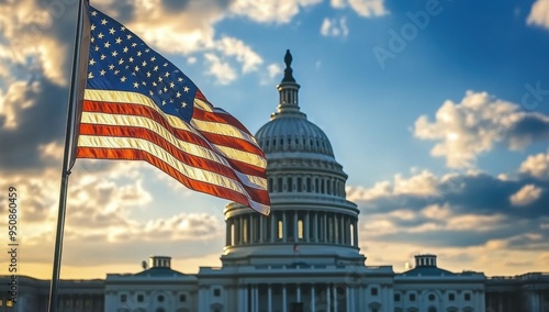 United States Capitol Complex. American flag is waving. Democracy and election concept. 2024 president elections.