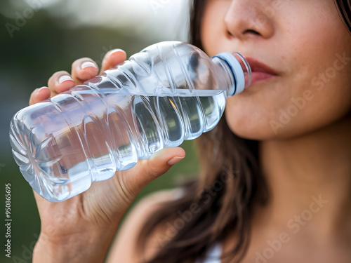 Mujer bebiendo agua de una botella de plástico 