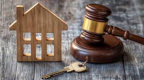 Wooden house model, gavel, and key on wooden background.