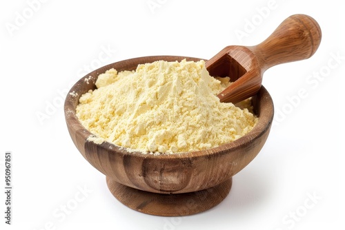 Bowl with gram flour and wooden scoop on white background