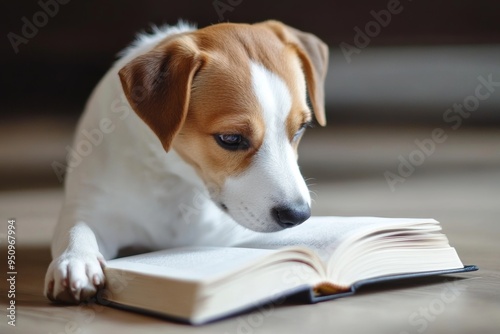 A cute dog intently reading a book indoors, showcasing a playful take on education in a cozy setting