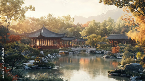 Tranquil Traditional Chinese Garden at Sunset