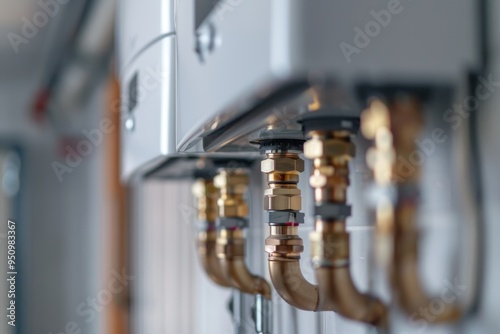 Gas water heater installation featuring piping and fittings in a residential area