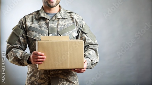 Soldier holding a package with blank label for delivery service