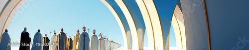 A reverent procession of Catholic priests, clad in their traditional vestments, walking underneath an abstract archway of gold and blue.