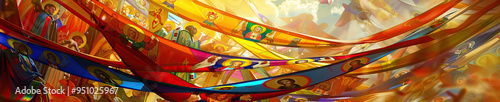 A colorful, abstract Catholic processional banner, adorned with images of saints and symbols of faith, swaying gently in the breeze.